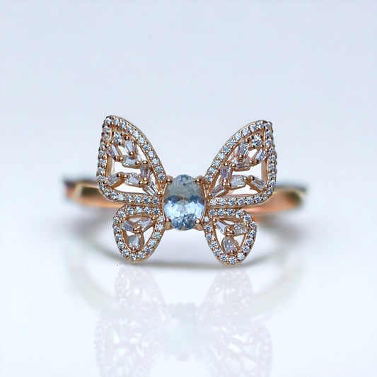 18K Gold Butterfly Aquamarine Crystal Ring