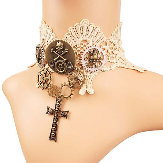 Victorian Goth Pirates Skull Collar Lace Choker with Cross Pendant
