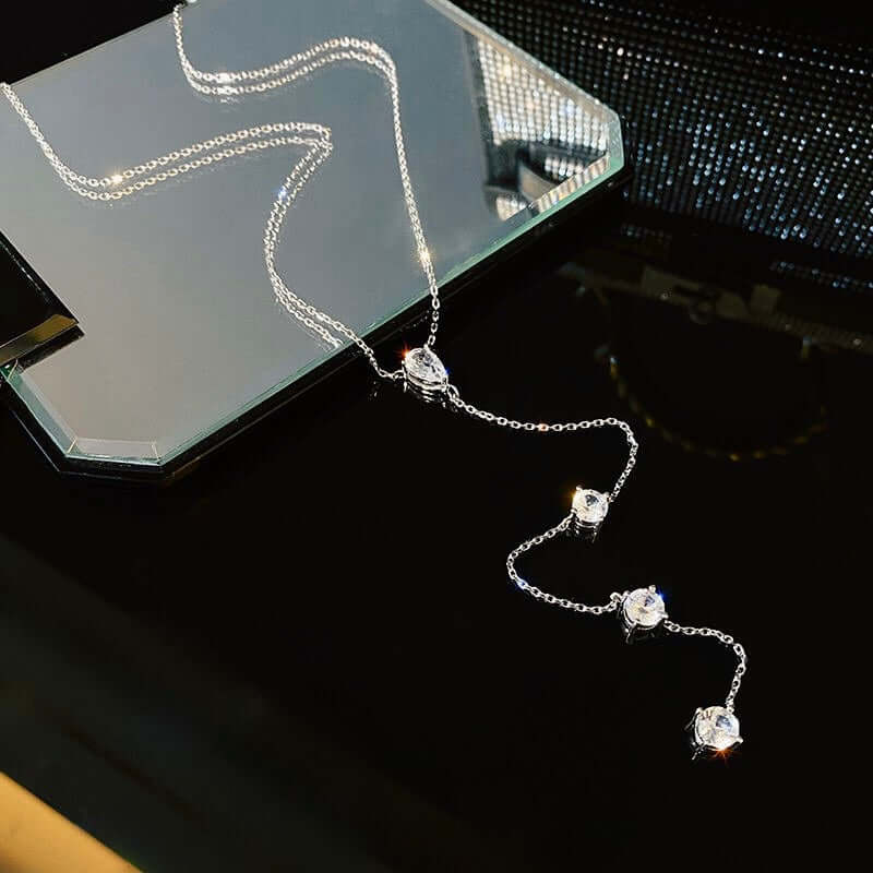 Silver CZ Teardrop Lariat Necklace