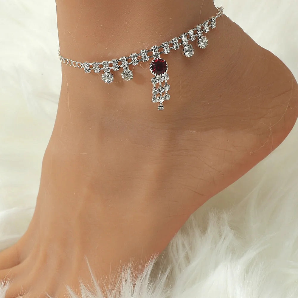 Silver Red Crystal Anklet