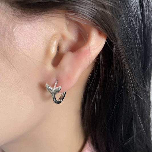 14K White Gold Whale Mermaid Tail Small Hoop Earrings