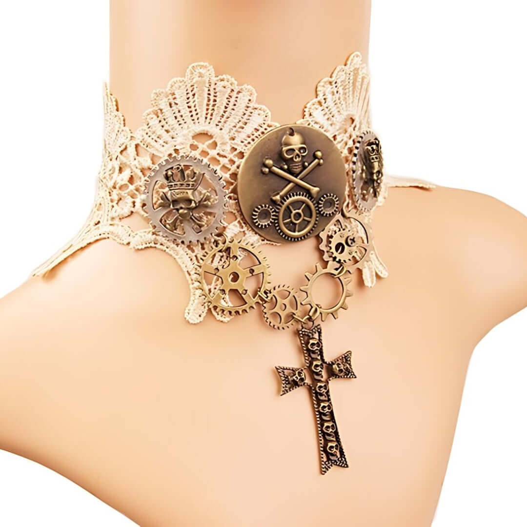 Victorian Goth Pirates Skull Collar Lace Choker with Cross Pendant