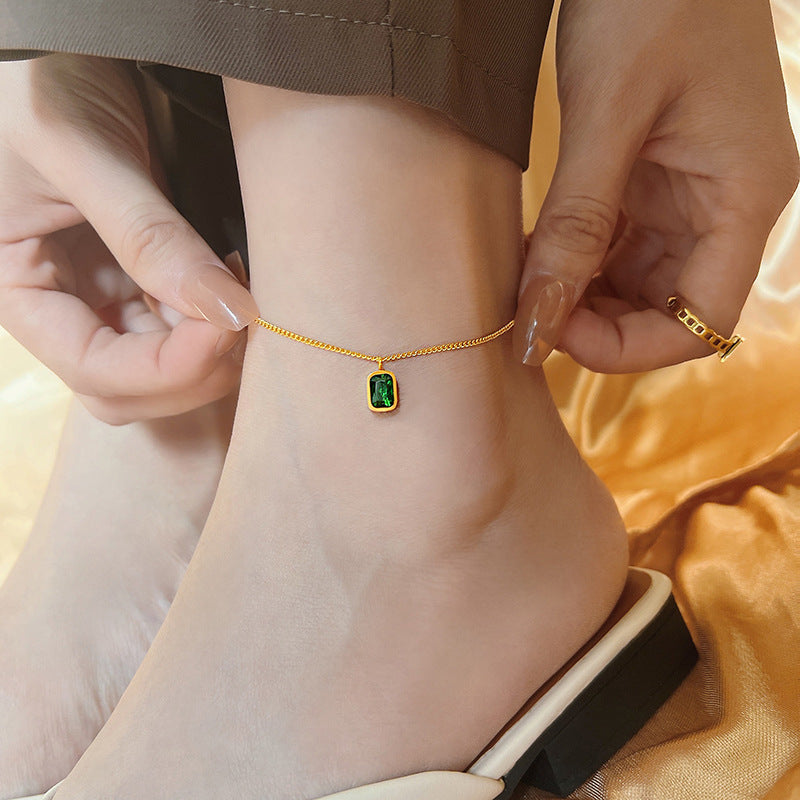 Vintage Titanium Green Crystal Waterproof Anklet Chain Bracelet