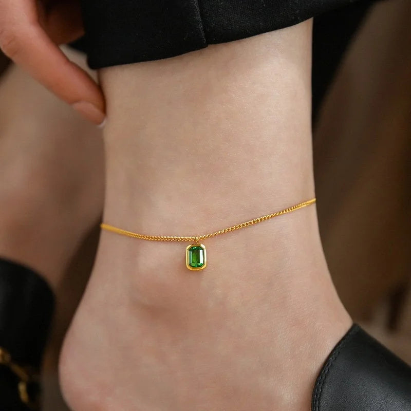 Vintage Titanium Green Crystal Waterproof Anklet Chain Bracelet