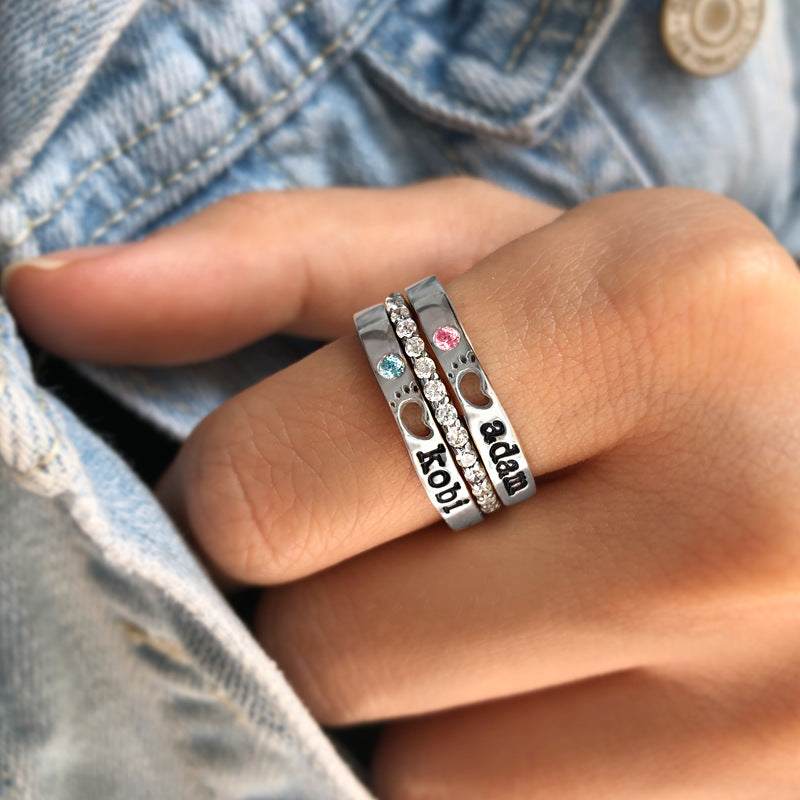 Foot Prints Custom Name Stacking Ring Birthstone Ring