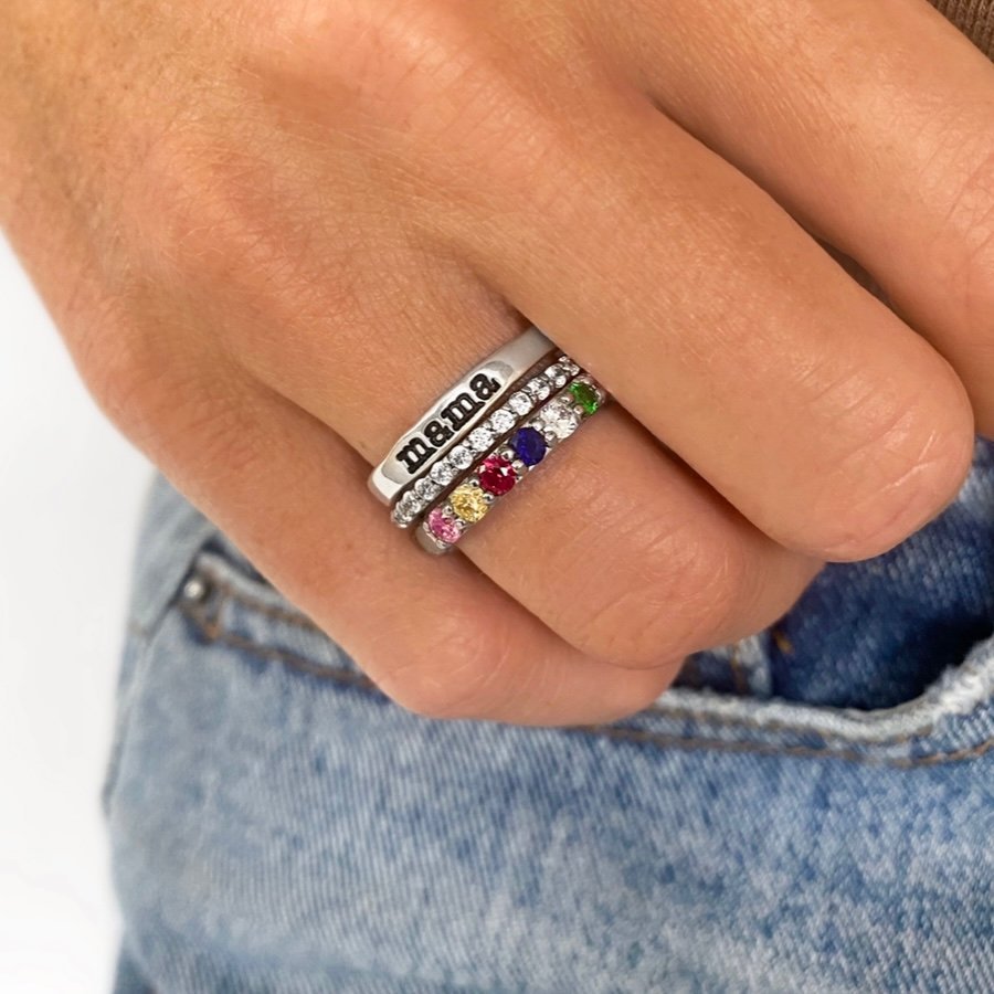 Eternity Birthstone Custom Name Ring Stacking Ring Set