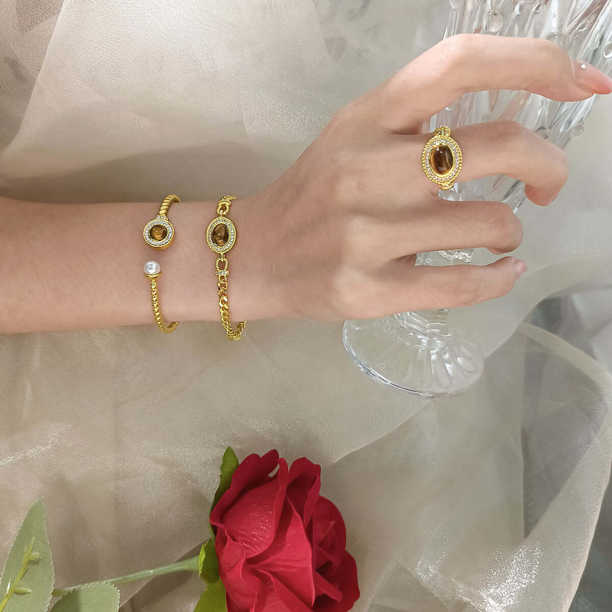 Tiger Eye Stone Cuban Chain Ring Bracelet