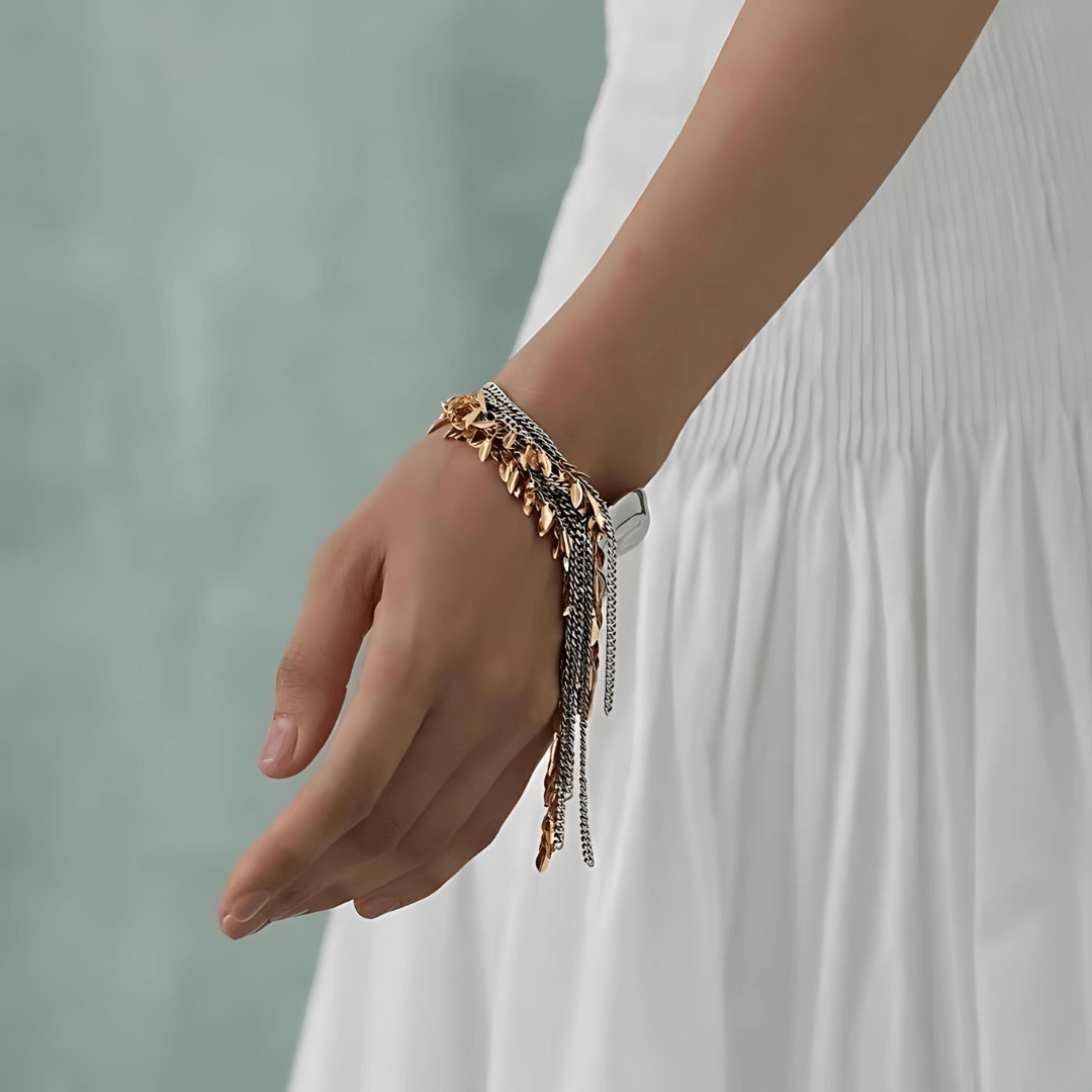 Exaggerate Metallic Two Tone Leaf Statement Bracelet
