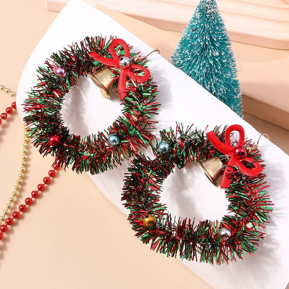 Xmas Wreath Color Beads Whimsical Woven Drop Earrings