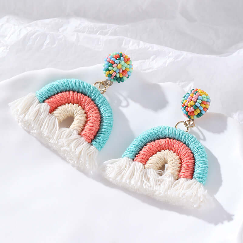 Woven Knit Rainbow Tassel Necklace