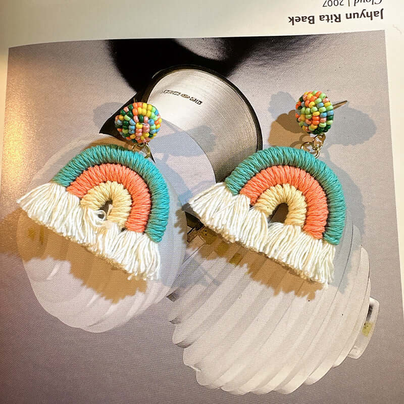 Woven Knit Rainbow Tassel Necklace