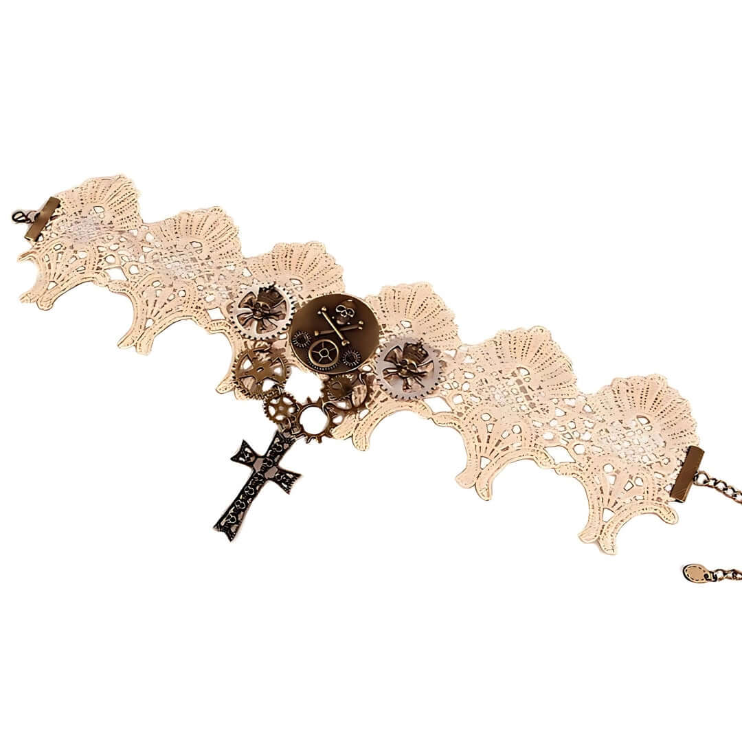 Victorian Goth Pirates Skull Collar Lace Choker with Cross Pendant