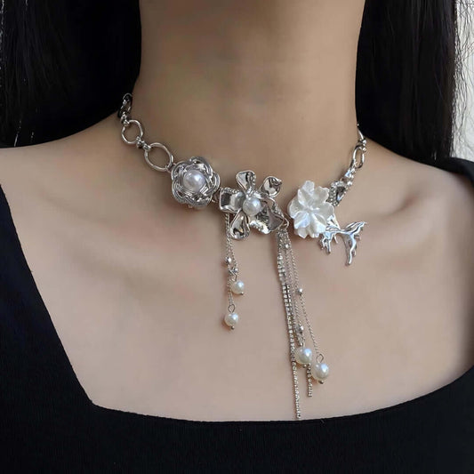 Flower Pearl Tassel Necklace