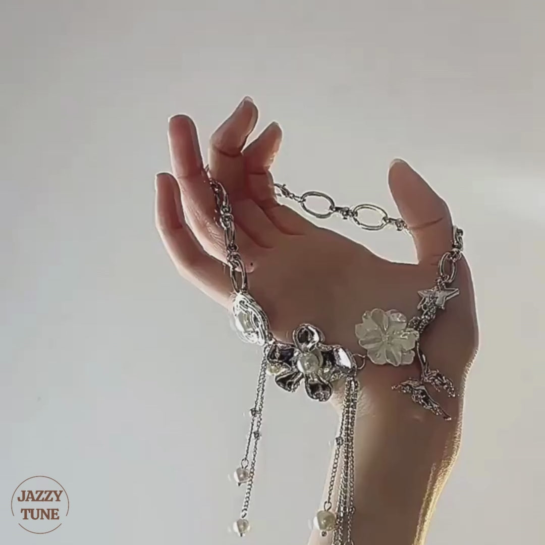 Y2K Metallic Butterfly Pearl Choker Necklace with Tassel