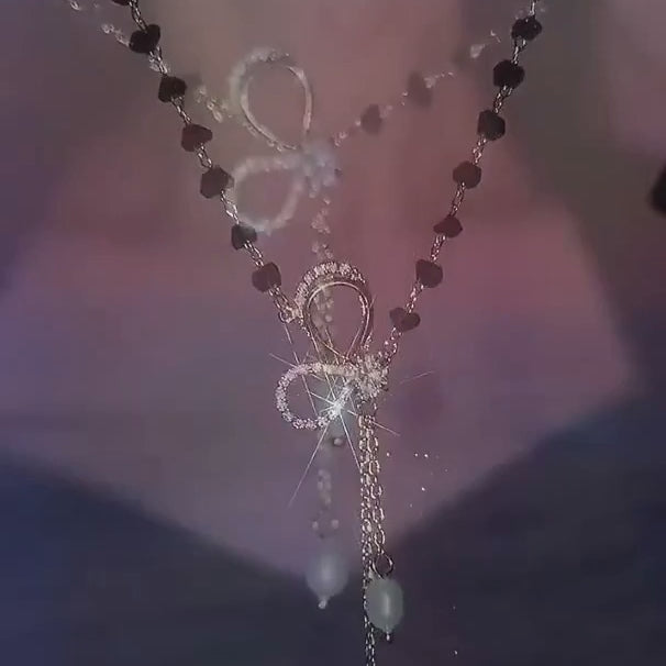 Trillion Crystal Bow Choker Y Necklace with Tassel