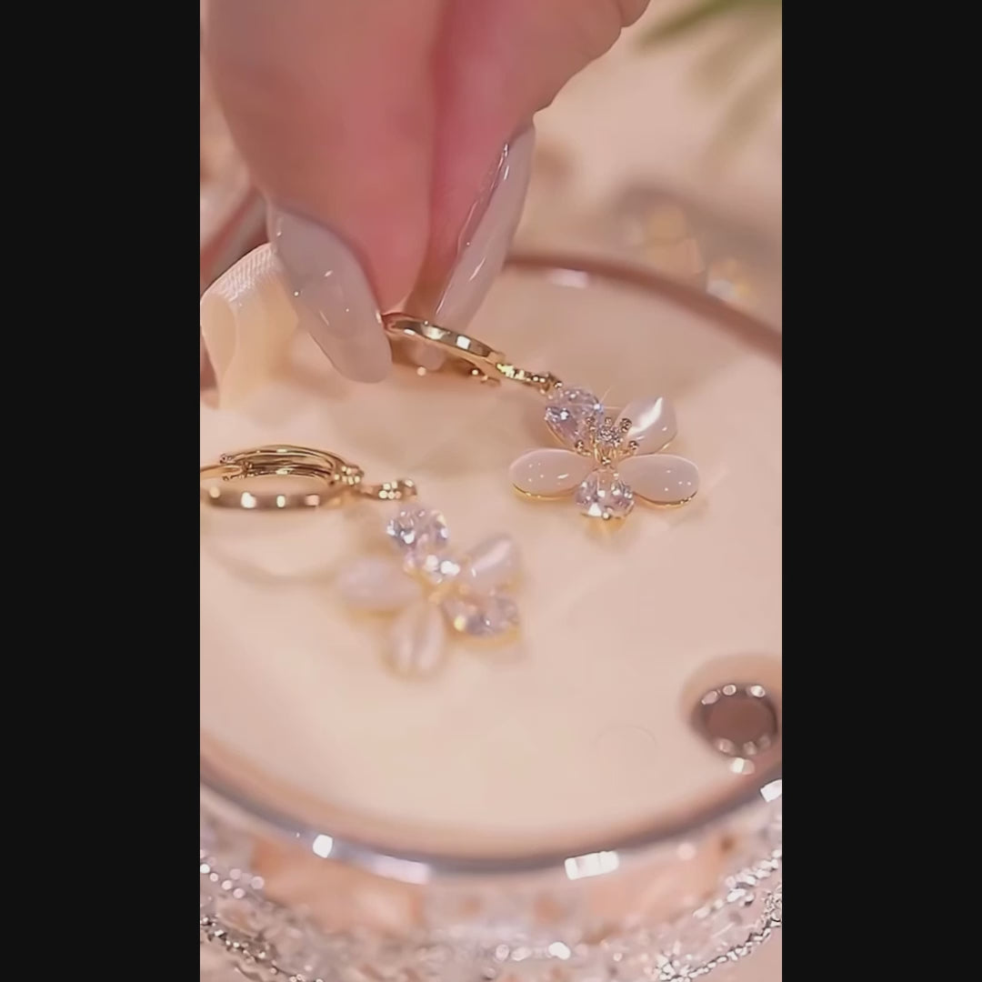 Cat Eye Stone Flower Charm Drop Earrings Hoop