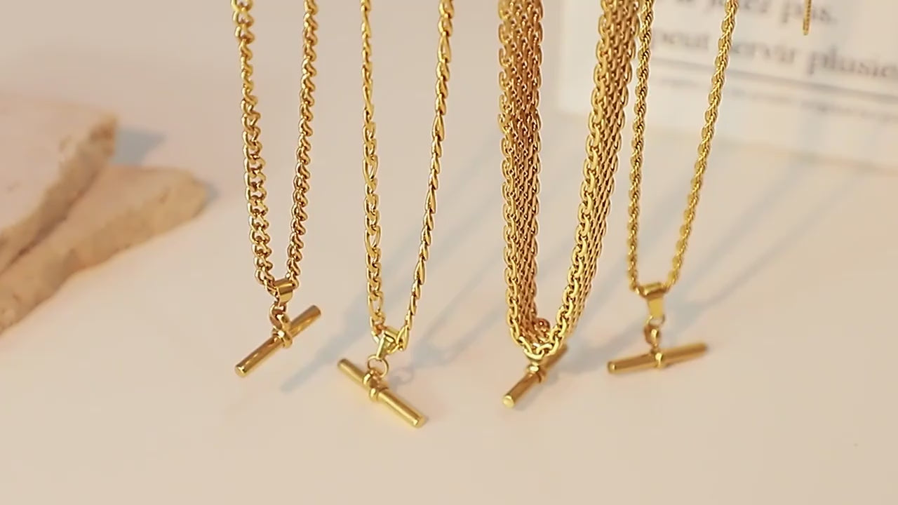 18K Gold Plated Figaro & Rope Chain T Bar Pendant Necklace