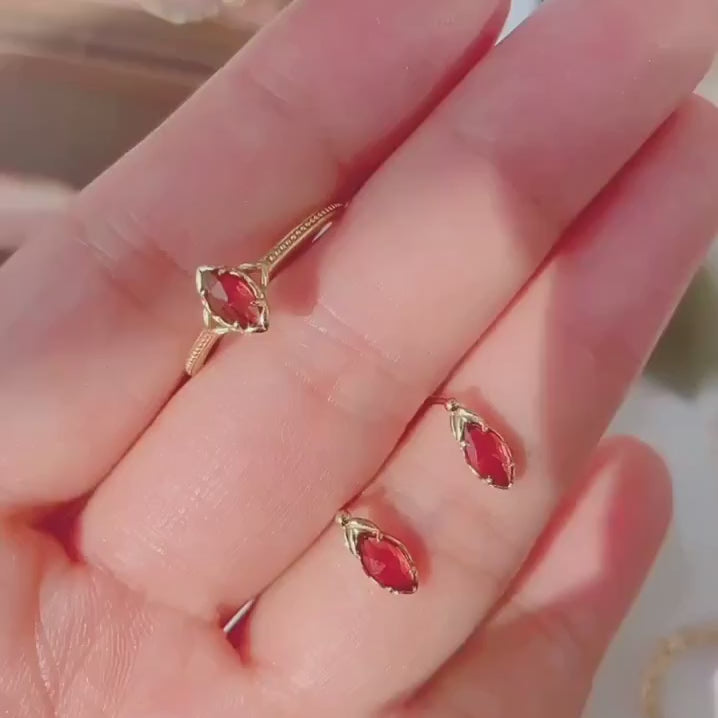 Marquise Red Garnet January Birthstone Ring Earrings Set | KE178