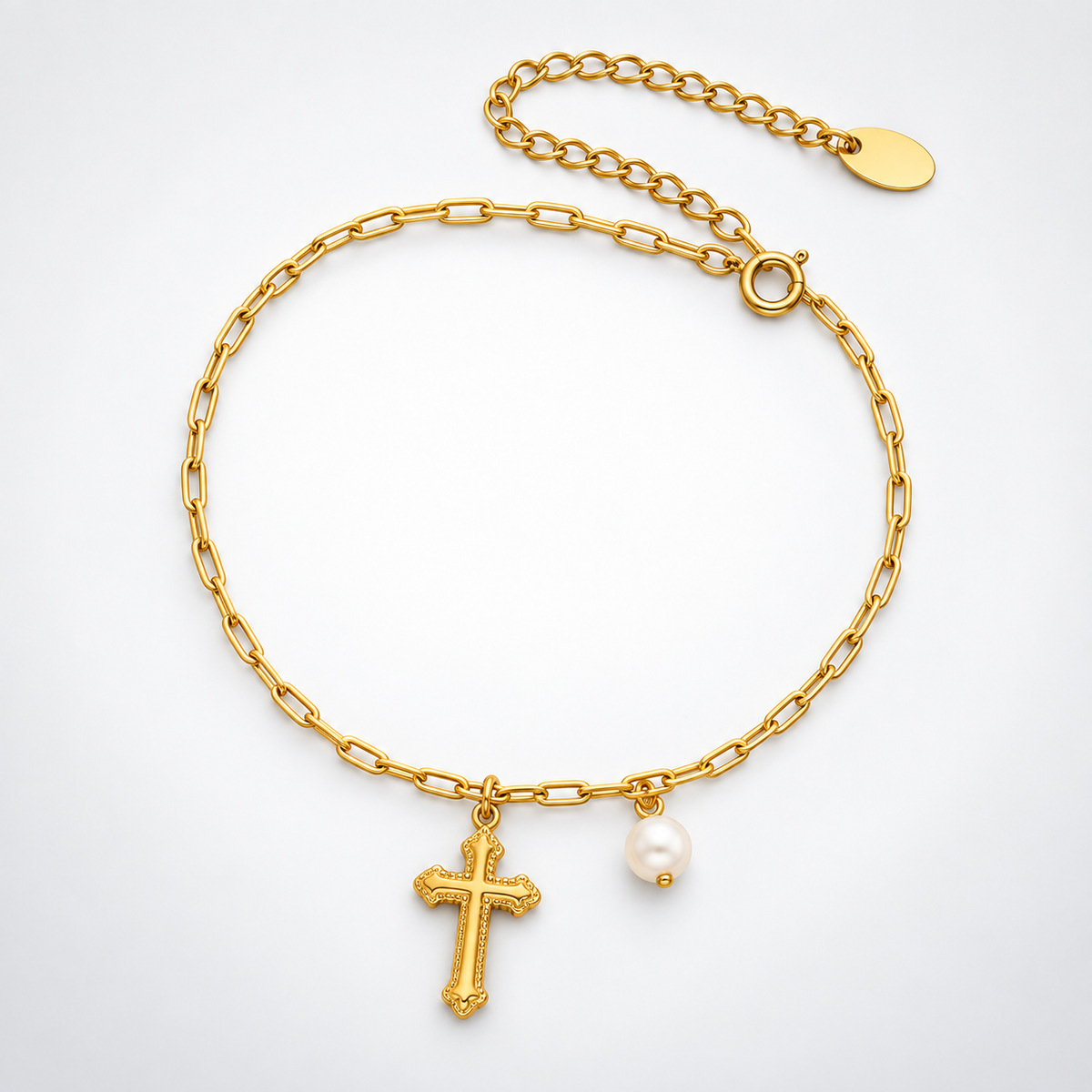 18K Gold Pearl Cross Charm Anklet Chain 