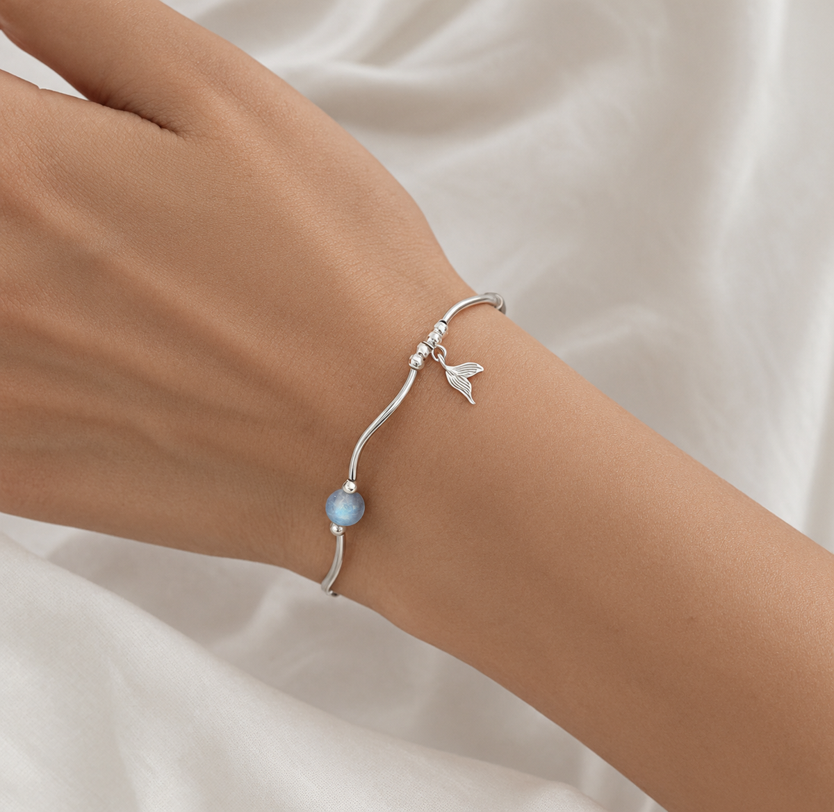 Whale Tail Simulated Moonstone Pearl Charm Bracelet