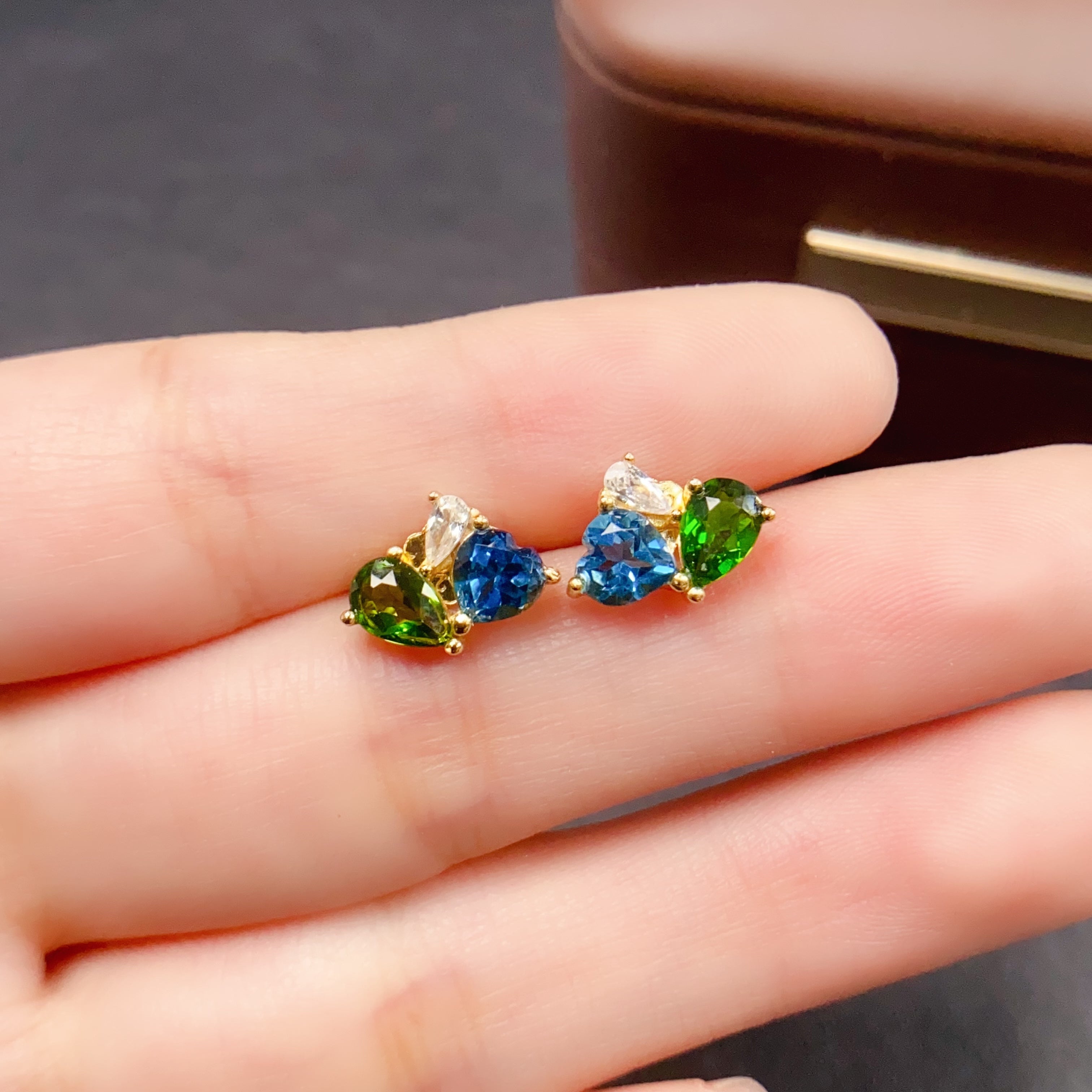Multi Stone Diopside Heart Stud Earrings