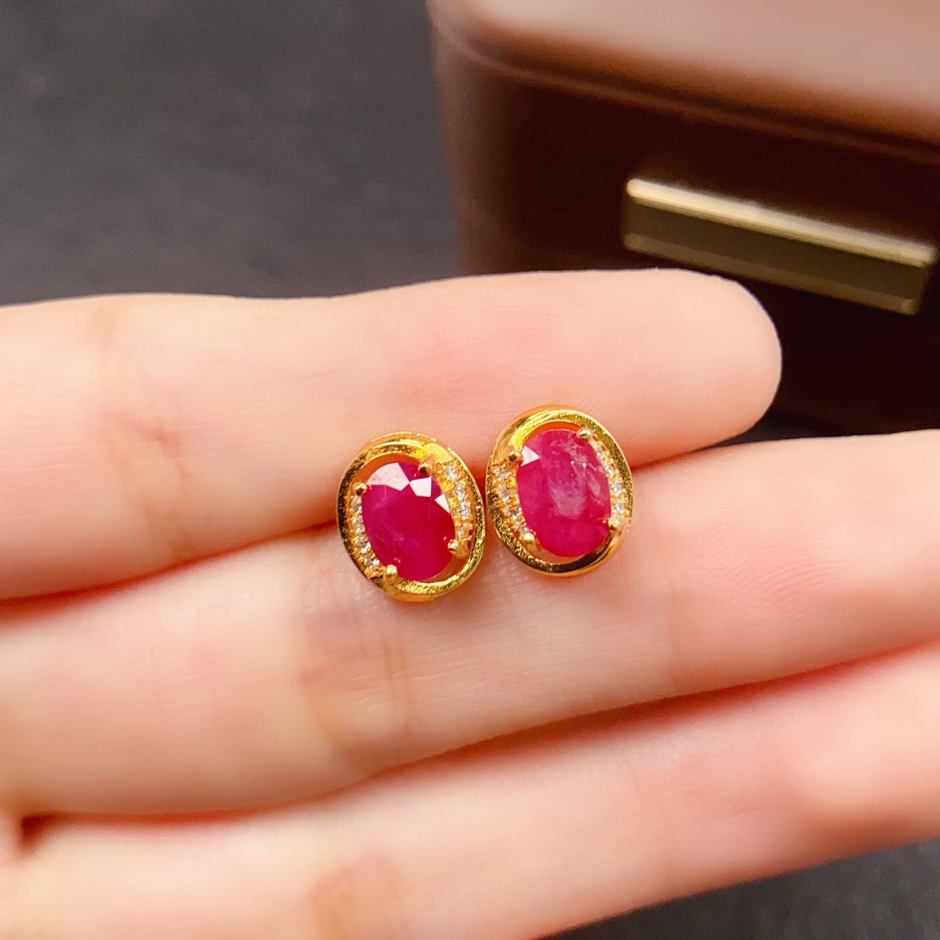 Red Ruby Gold Stud Earring