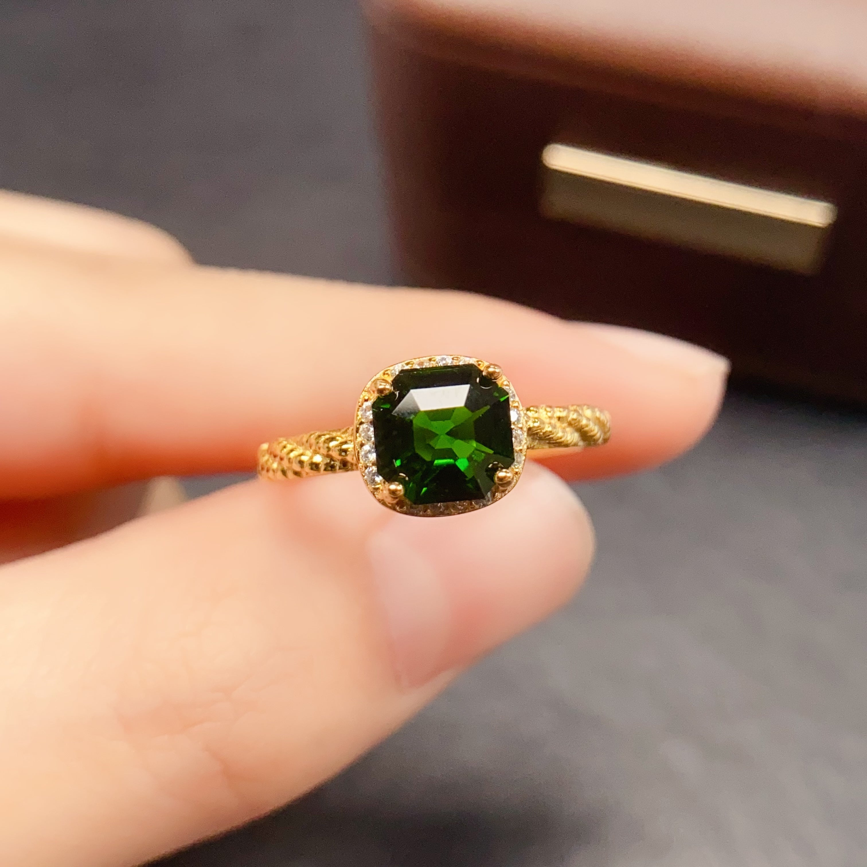 Asscher Cut Diopside Halo Ring