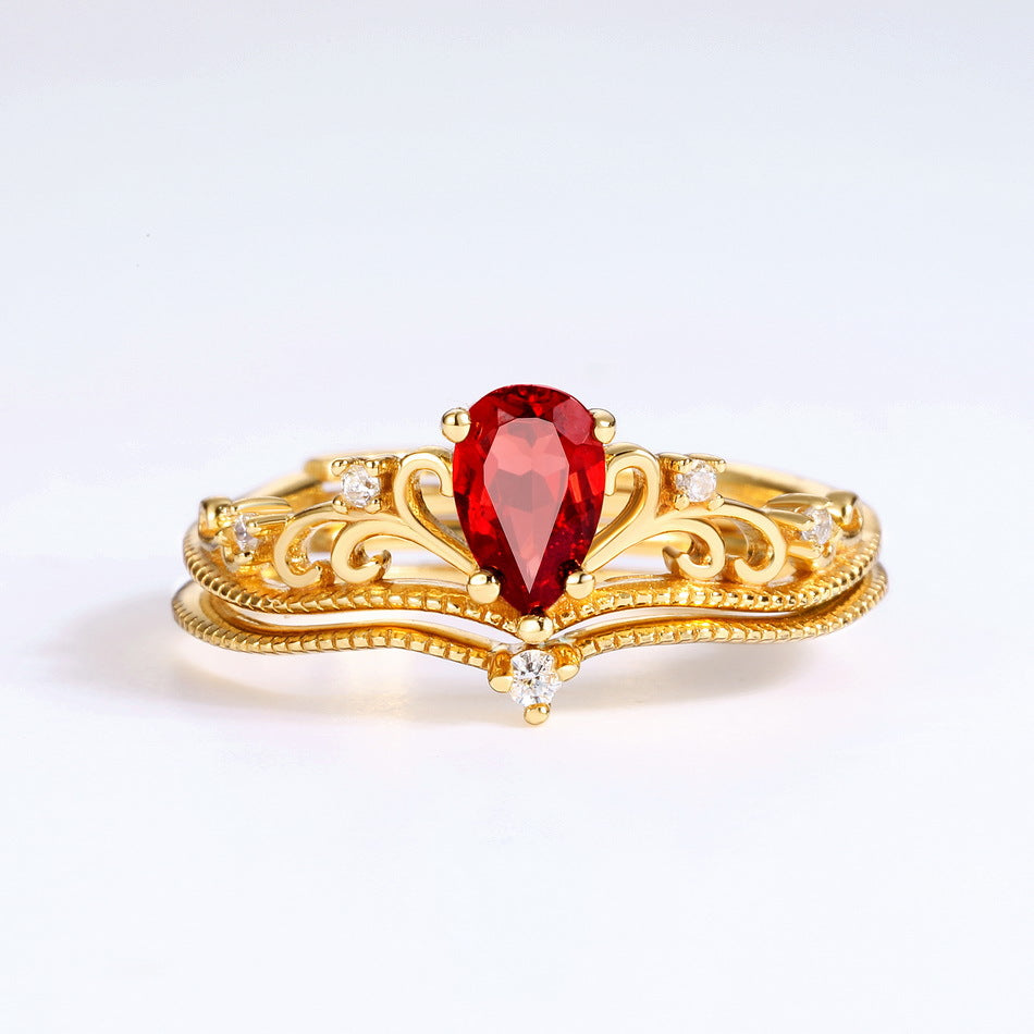 Red Garnet Filigree Curved Ring Set