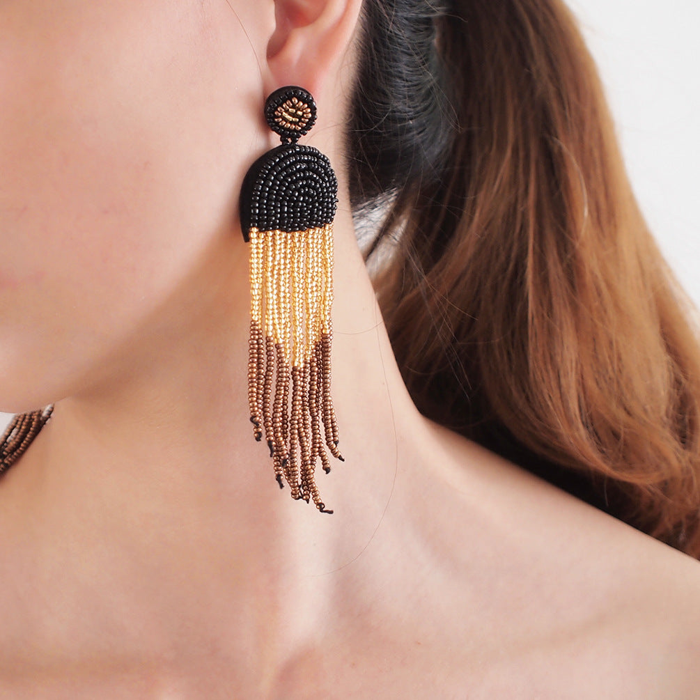 Bohemian Color Seed Beads Tassel Fringe Earrings