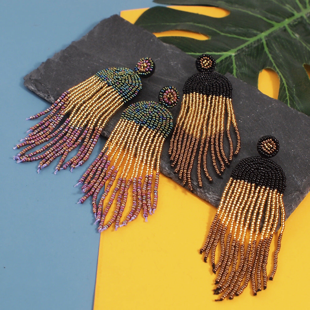 Bohemian Color Seed Beads Tassel Fringe Earrings