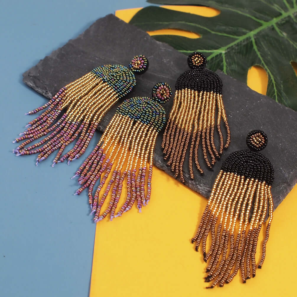Bohemian Color Seed Beads Tassel Fringe Earrings