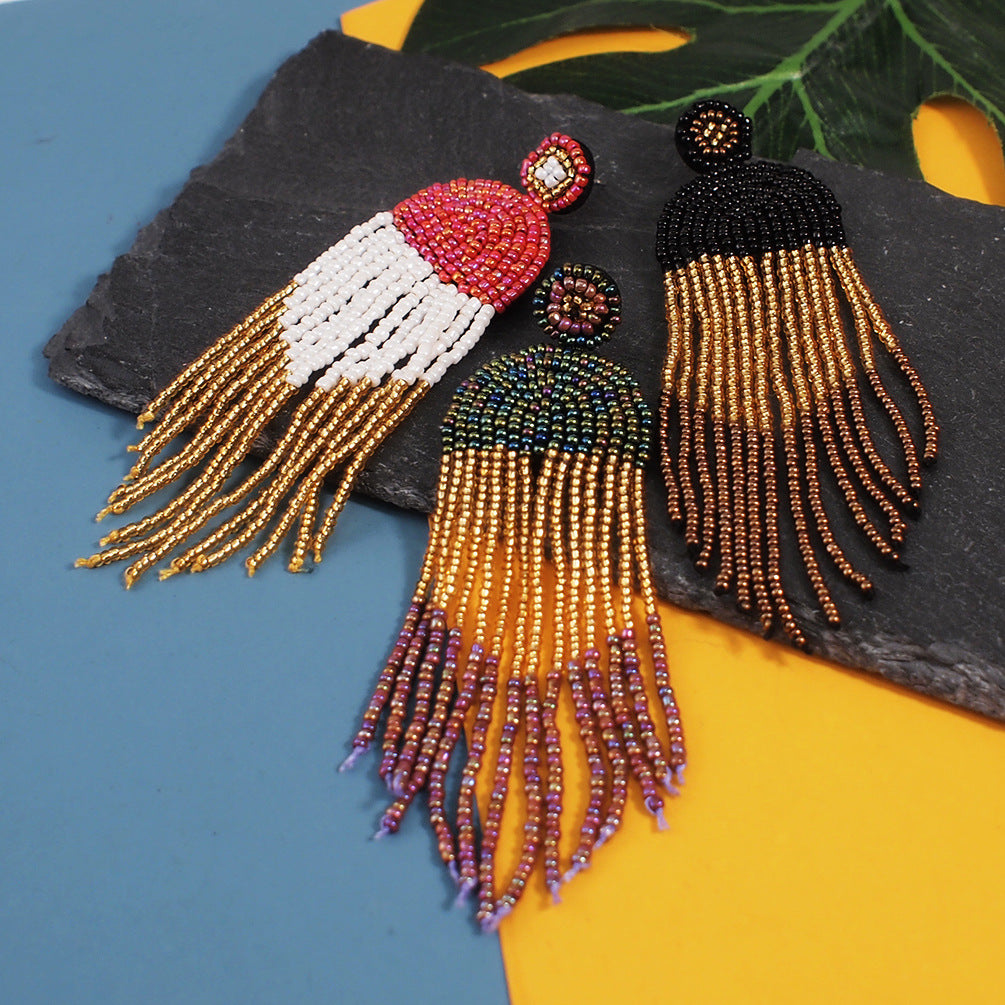 Bohemian Color Seed Beads Tassel Fringe Earrings