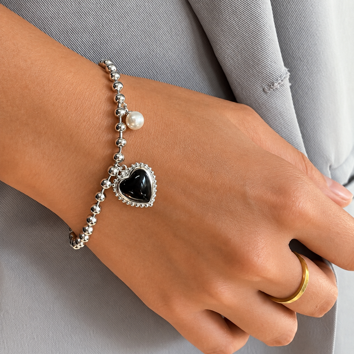 Silver Bead Black Puffed Heart Bracelets
