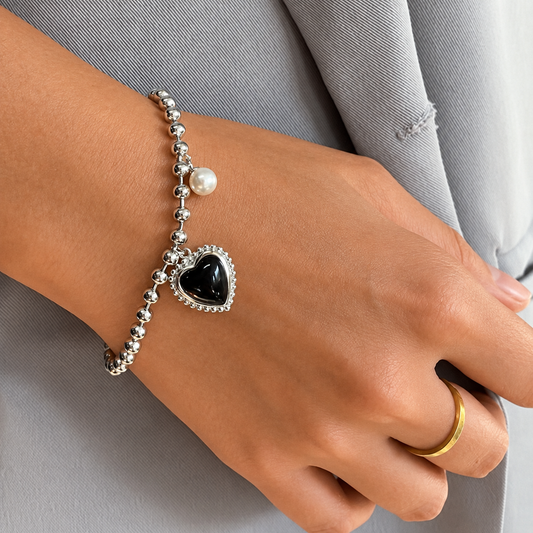 Silver Bead Black Puffed Heart Bracelets