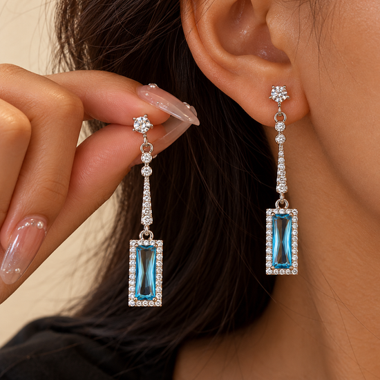 Midnight Blue Crystal Rectangle Drop Earrings