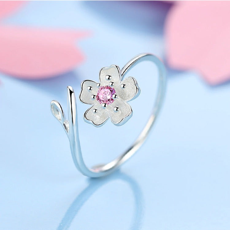 Cherry Blossom Silver Ring, White Flower Ring