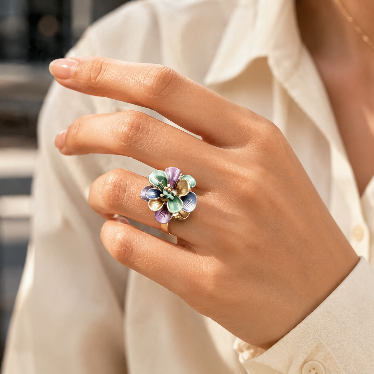 Secret Garden Enamel Flower Adjustable Ring