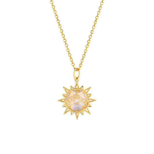 14K Gold Clear Quartz Sun Pendant Necklace