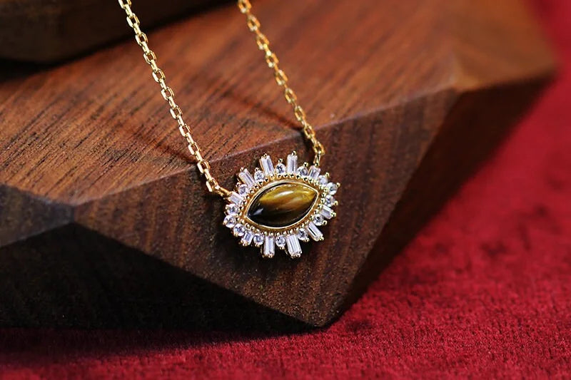 14K Gold Natural Tiger Eye Crystal Necklace