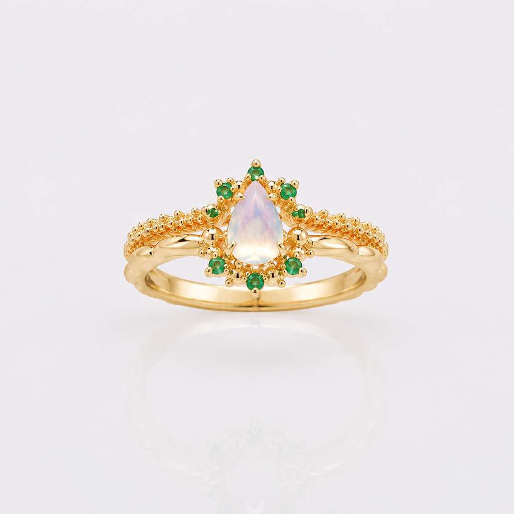 14K Gold Opal Birthstone Curved Ring Set