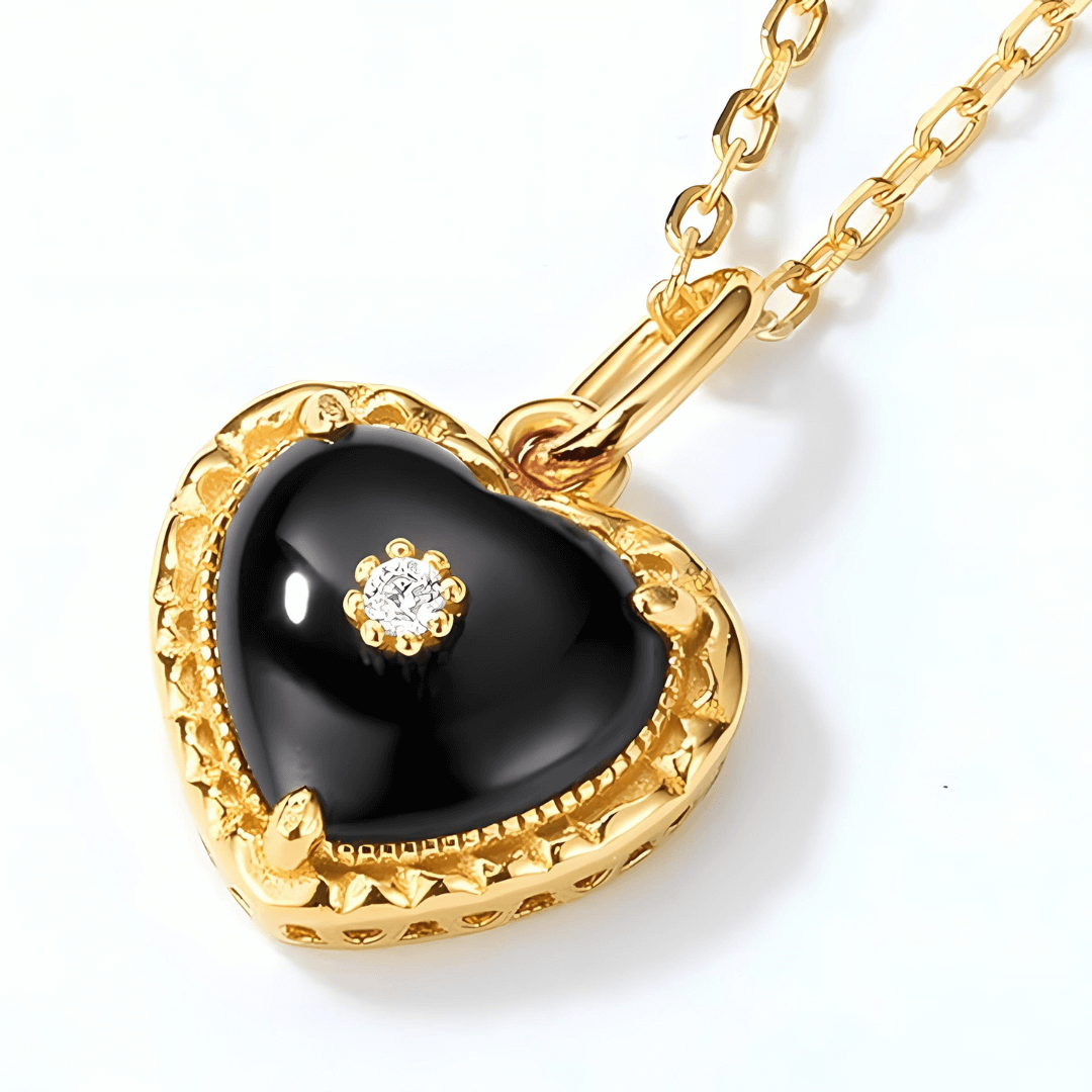 14K Gold Plated Black Heart Pendant Necklace