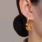 14K Gold Plated Ginkgo Leaf Huggie Earrings with Dangle Pearl