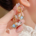 14K Gold Plated Ginkgo Leaf Huggie Earrings with Dangle Pearl