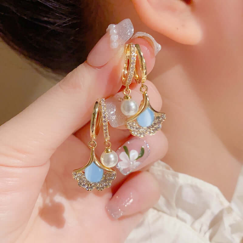 14K Gold Plated Ginkgo Leaf Huggie Earrings with Dangle Pearl