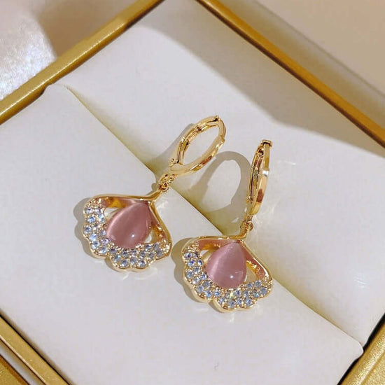 14K Gold Plated Ginkgo Leaf Huggie Earrings with Dangle Pearl