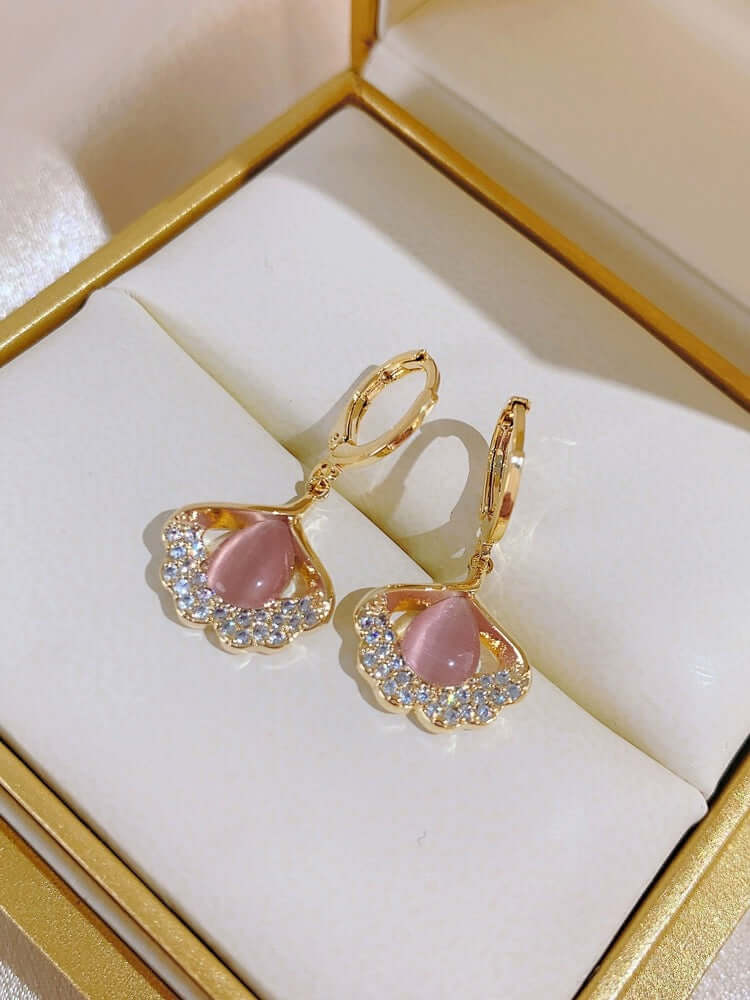 14K Gold Plated Ginkgo Leaf Huggie Earrings with Dangle Pearl