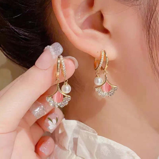 14K Gold Plated Ginkgo Leaf Huggie Earrings with Dangle Pearl