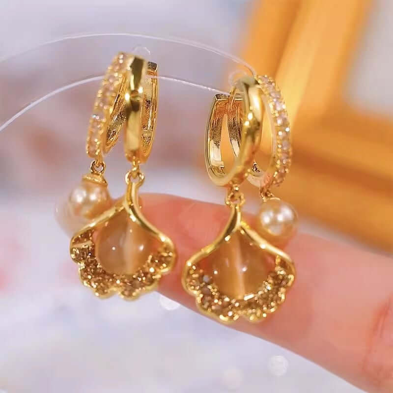 14K Gold Plated Ginkgo Leaf Huggie Earrings with Dangle Pearl