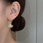 14K Gold Plated Ginkgo Leaf Huggie Earrings with Dangle Pearl