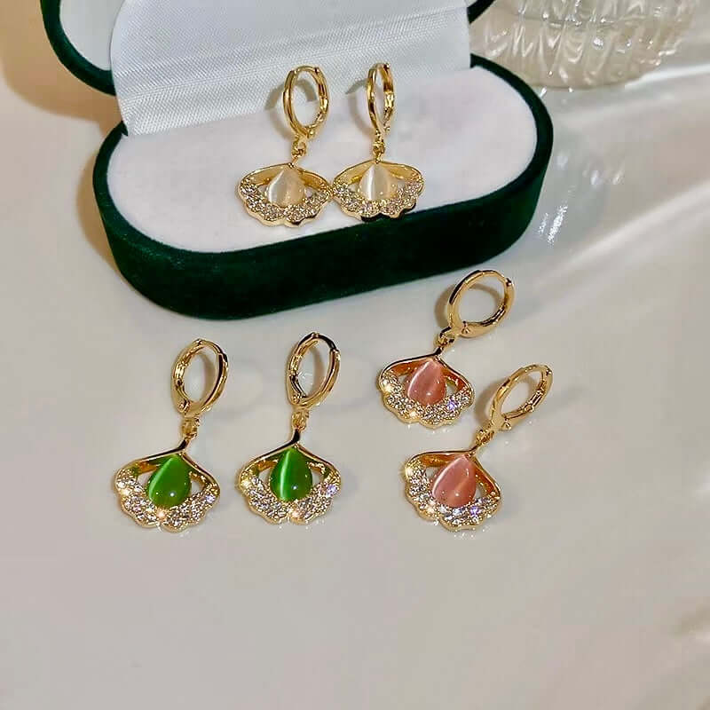 14K Gold Plated Ginkgo Leaf Huggie Earrings with Dangle Pearl